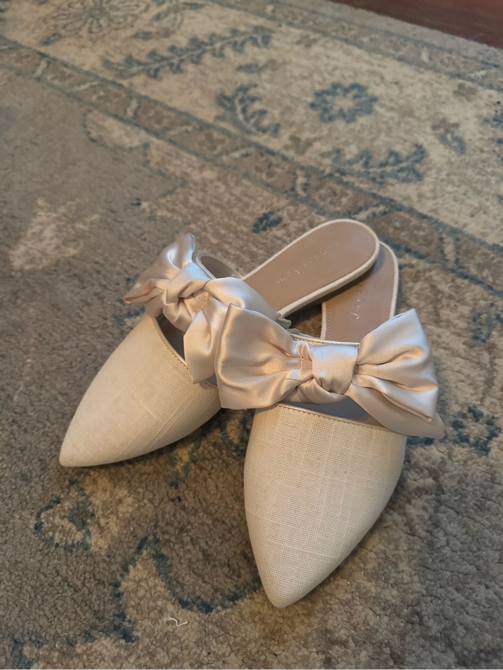 Copper Key Ivory Pointed-Toe Slide Mules with Satin Bow